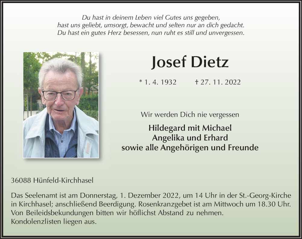  Traueranzeige für Josef Dietz vom 29.11.2022 aus FZ