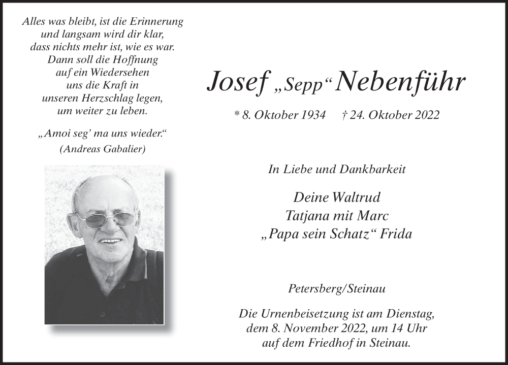  Traueranzeige für Josef Nebenführ vom 01.11.2022 aus FZ