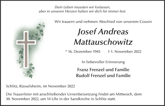 Traueranzeige von Josef Andreas Mattauschowitz von FZ