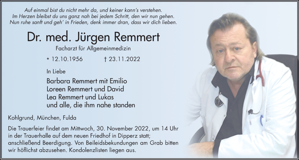  Traueranzeige für Jürgen Remmert vom 26.11.2022 aus FZ