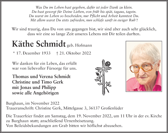 Traueranzeige von Käthe Schmidt von FZ