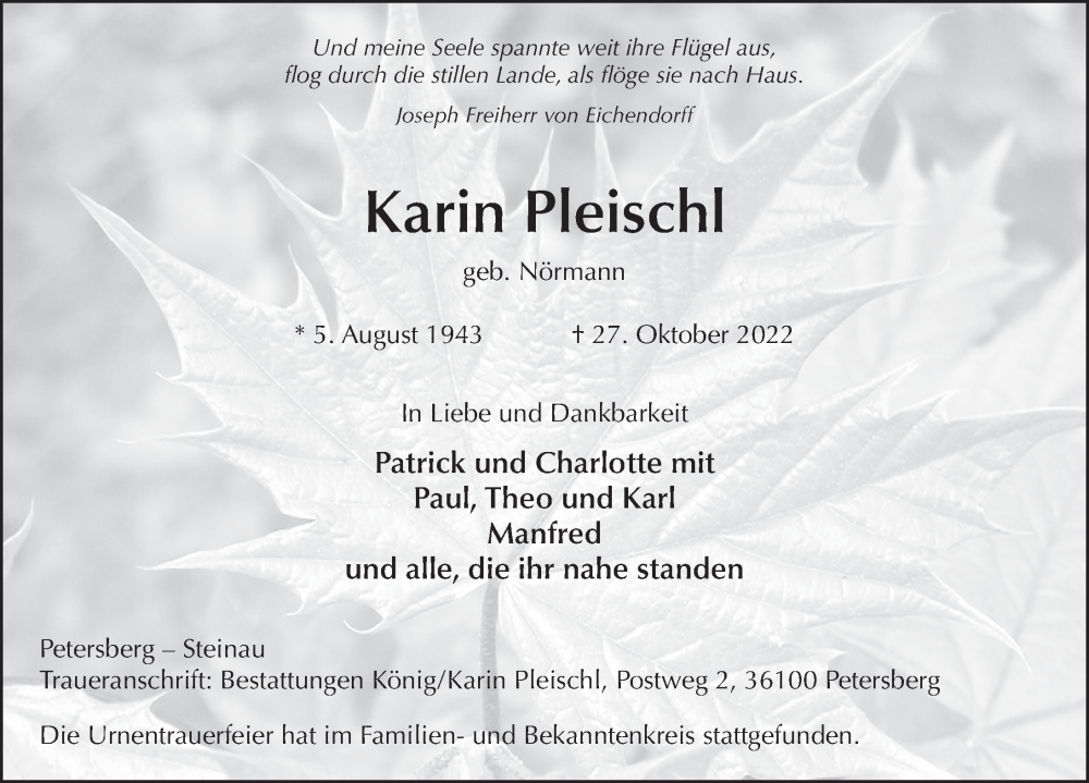  Traueranzeige für Karin Pleischl vom 05.11.2022 aus FZ