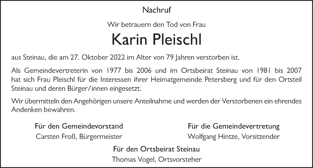  Traueranzeige für Karin Pleischl vom 05.11.2022 aus FZ