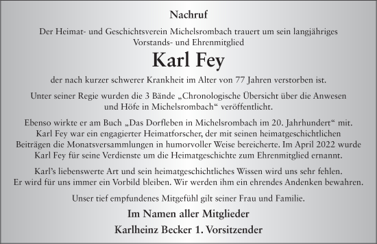 Traueranzeige von Karl Fey von FZ