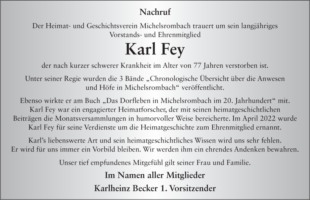  Traueranzeige für Karl Fey vom 05.11.2022 aus FZ