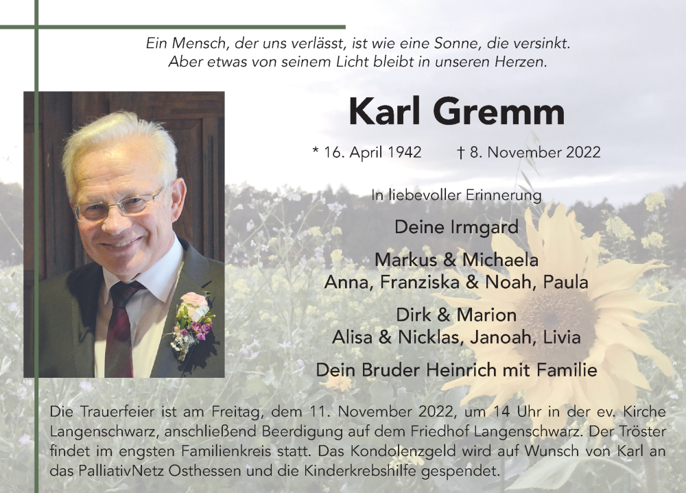  Traueranzeige für Karl Gremm vom 10.11.2022 aus FZ