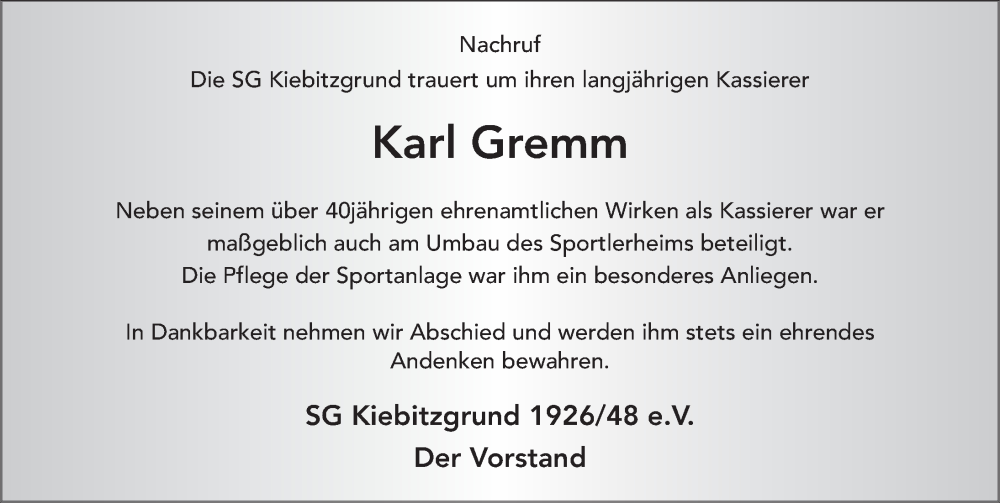  Traueranzeige für Karl Gremm vom 10.11.2022 aus FZ