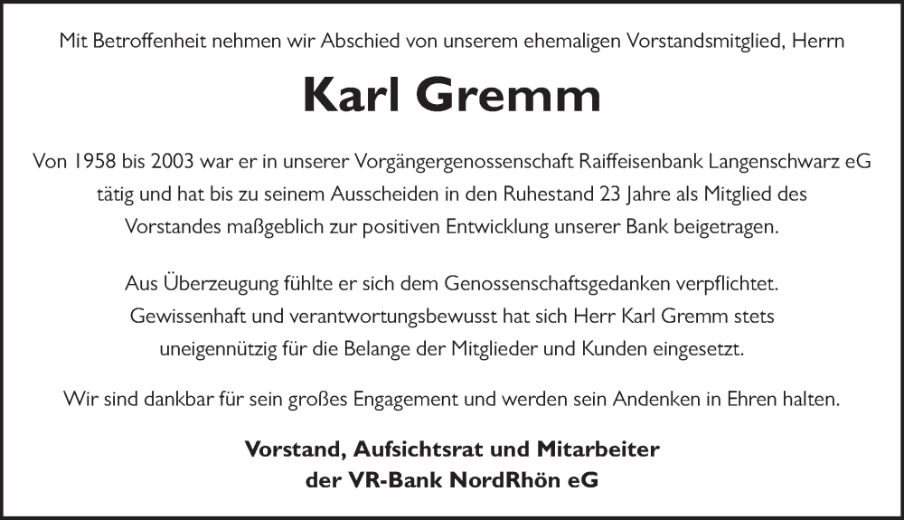  Traueranzeige für Karl Gremm vom 10.11.2022 aus FZ