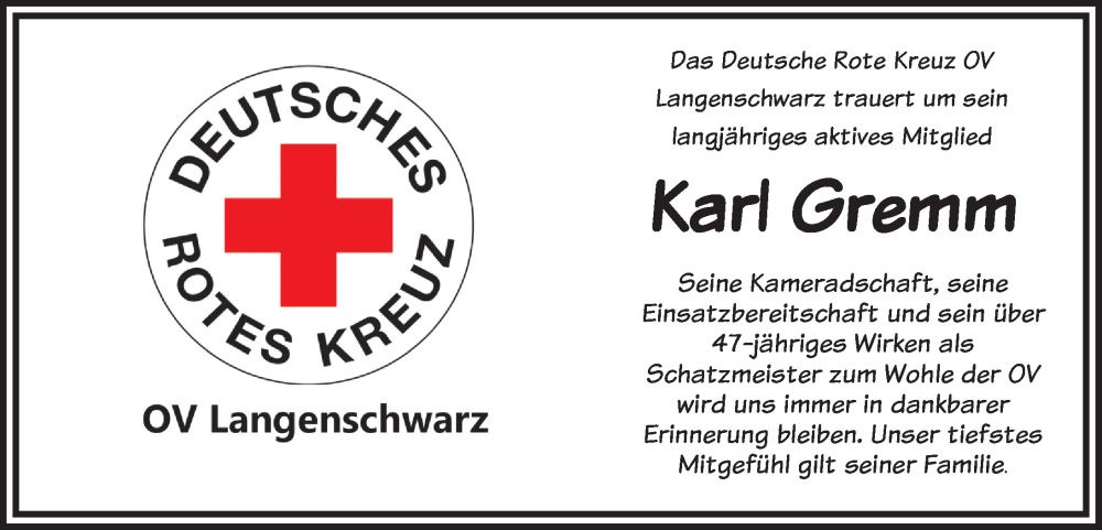  Traueranzeige für Karl Gremm vom 11.11.2022 aus FZ