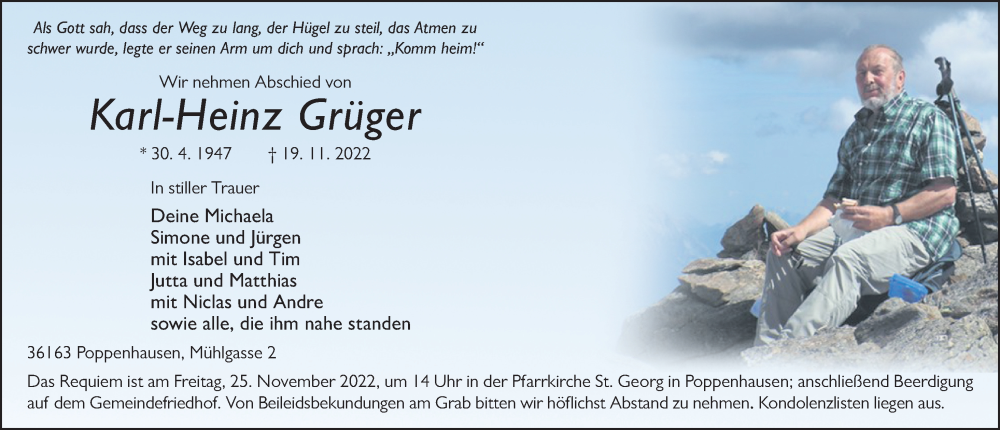  Traueranzeige für Karl-Heinz Grüger vom 22.11.2022 aus FZ