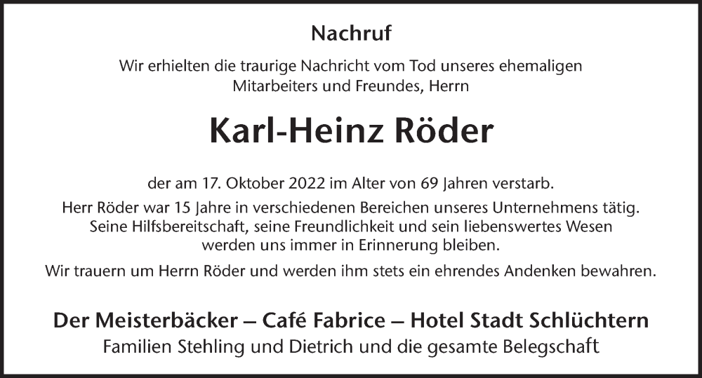  Traueranzeige für Karl-Heinz Röder vom 17.11.2022 aus FZ
