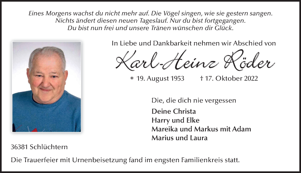  Traueranzeige für Karl-Heinz Röder vom 03.11.2022 aus FZ