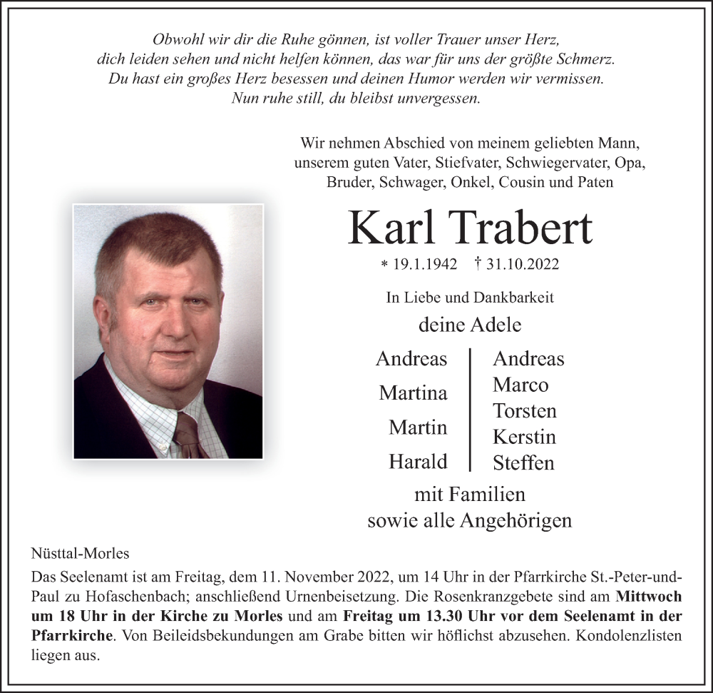  Traueranzeige für Karl Trabert vom 07.11.2022 aus FZ