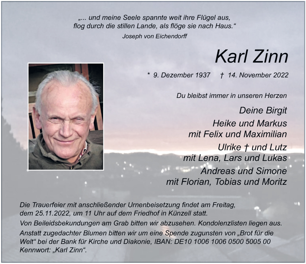  Traueranzeige für Karl Zinn vom 22.11.2022 aus FZ