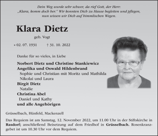 Traueranzeige von Klara Dietz von FZ