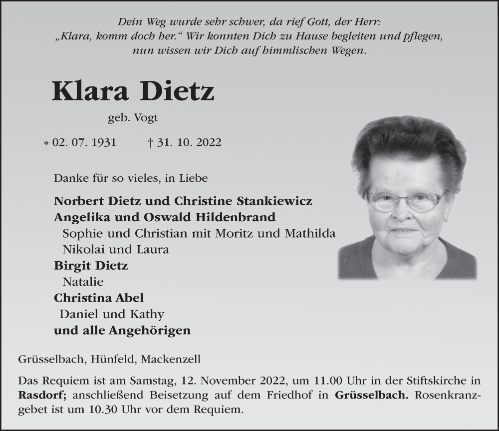  Traueranzeige für Klara Dietz vom 08.11.2022 aus FZ