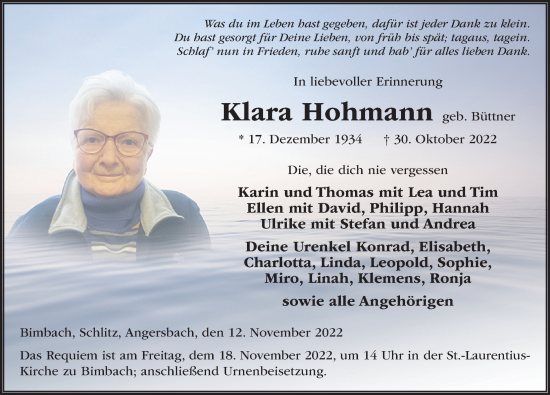 Traueranzeige von Klara Hohmann von FZ