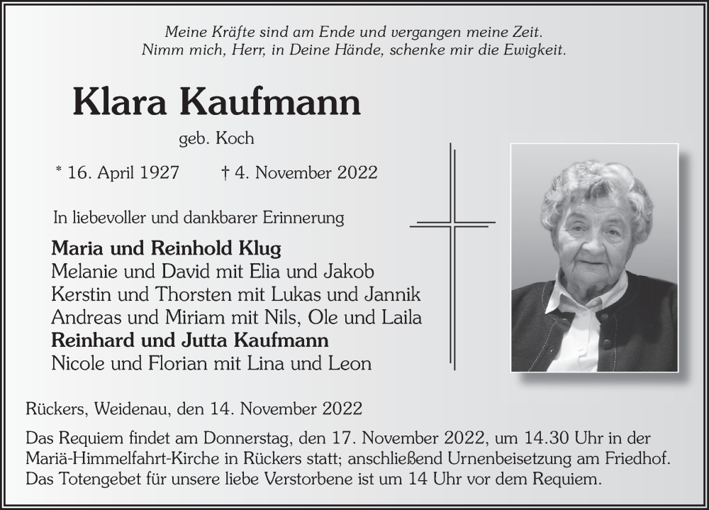  Traueranzeige für Klara Kaufmann vom 14.11.2022 aus FZ