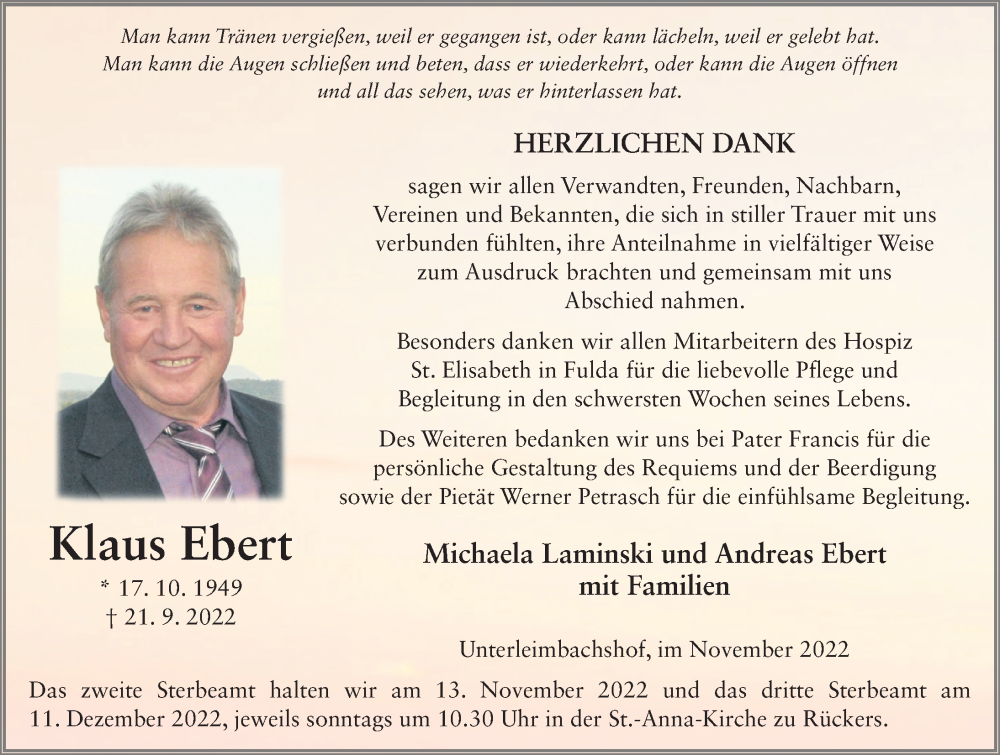  Traueranzeige für Klaus Ebert vom 10.11.2022 aus FZ