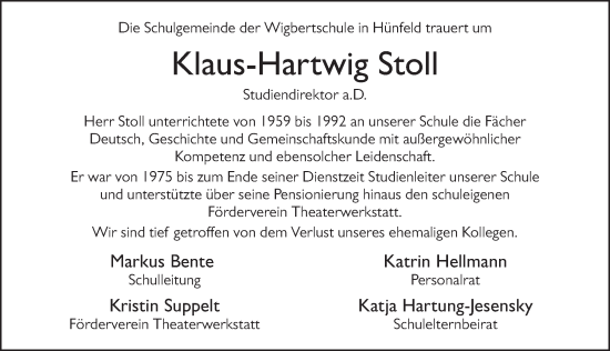 Traueranzeige von Klaus-Hartwig Stoll von FZ