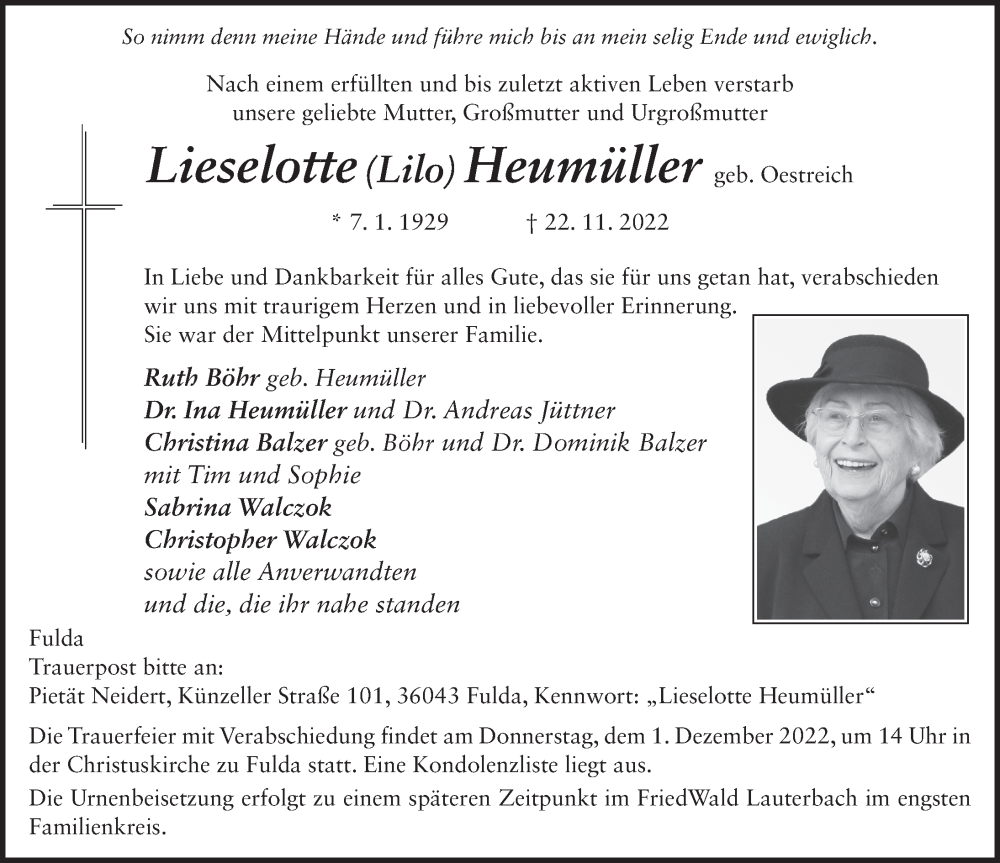  Traueranzeige für Lieselotte Heumüller vom 26.11.2022 aus FZ