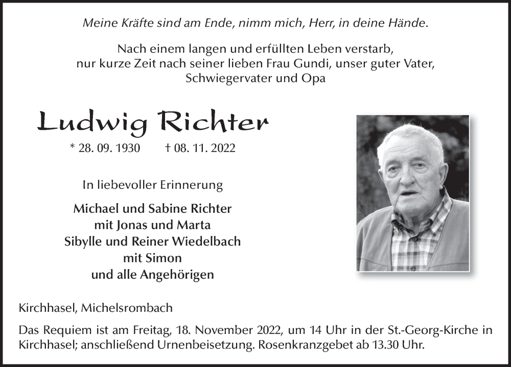  Traueranzeige für Ludwig Richter vom 14.11.2022 aus FZ