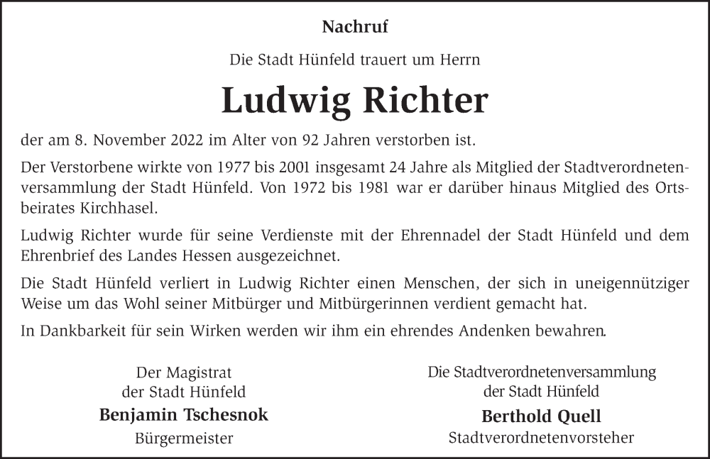 Traueranzeige für Ludwig Richter vom 14.11.2022 aus FZ