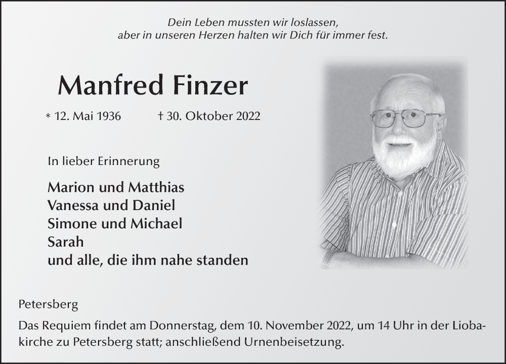  Traueranzeige für Manfred Finzer vom 04.11.2022 aus FZ