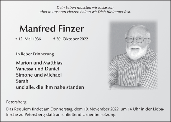 Traueranzeige von Manfred Finzer von FZ