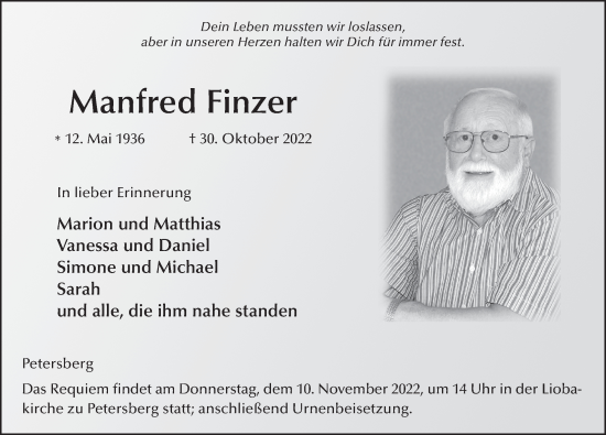 Traueranzeige von Manfred Finzer