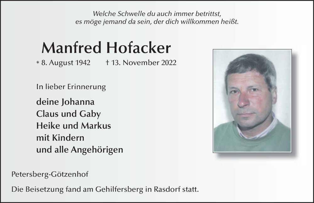  Traueranzeige für Manfred Hofacker vom 26.11.2022 aus FZ