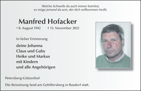 Traueranzeige von Manfred Hofacker