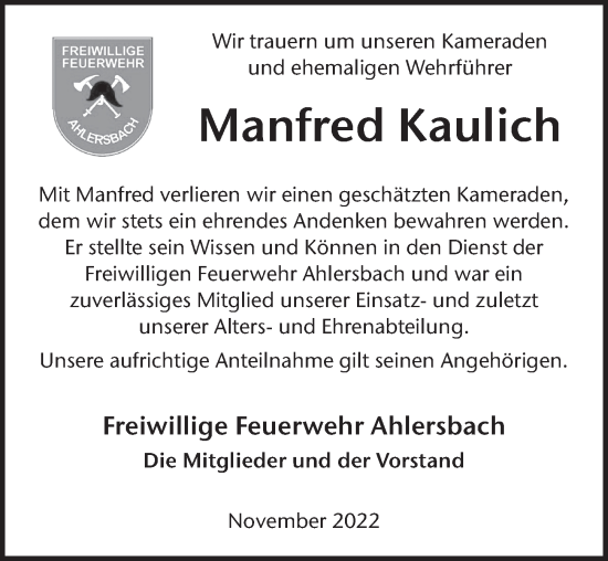 Traueranzeige von Manfred Kaulich von FZ