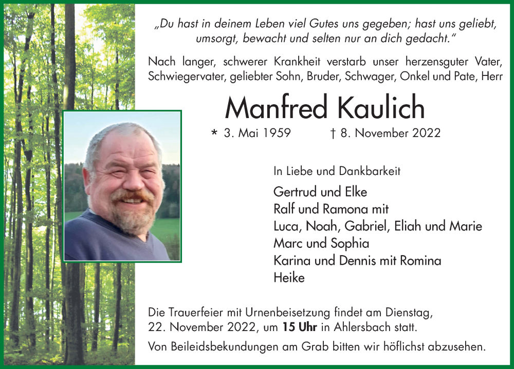  Traueranzeige für Manfred Kaulich vom 17.11.2022 aus FZ
