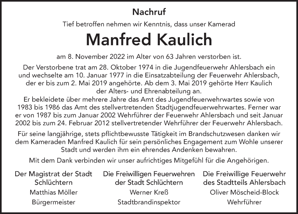  Traueranzeige für Manfred Kaulich vom 18.11.2022 aus FZ