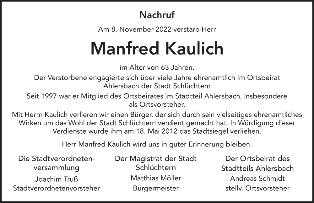  Traueranzeige für Manfred Kaulich vom 18.11.2022 aus FZ