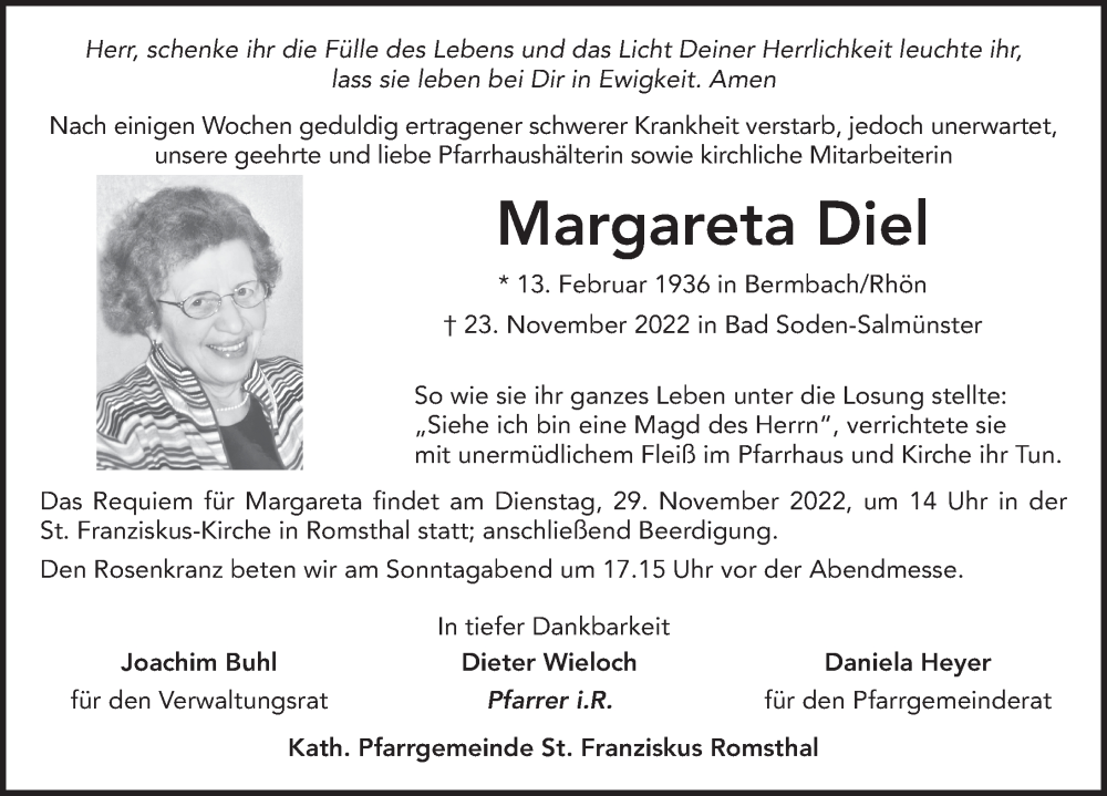  Traueranzeige für Margareta Diel vom 26.11.2022 aus FZ