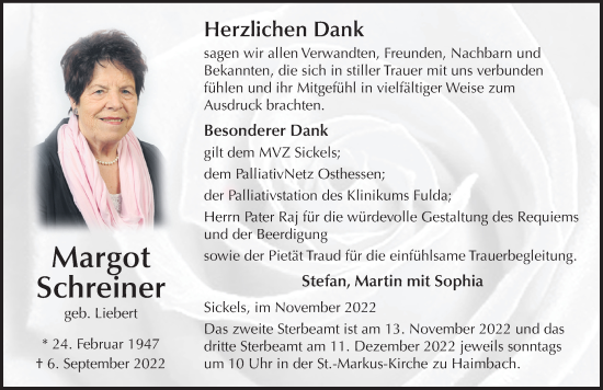 Traueranzeige von Margot Schreiner von FZ