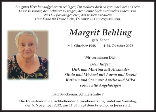 Traueranzeige von Margrit Behling von FZ