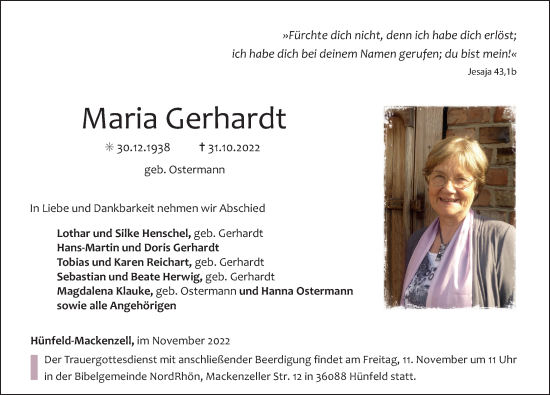 Traueranzeige von Maria Gerhardt von FZ
