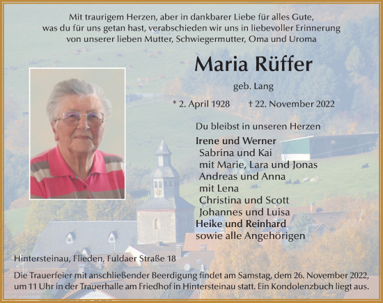Traueranzeige von Maria Rüffer von FZ