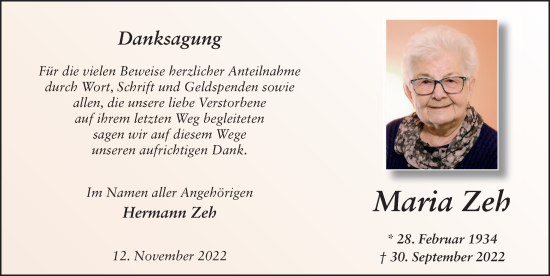 Traueranzeige von Maria Zeh von FZ