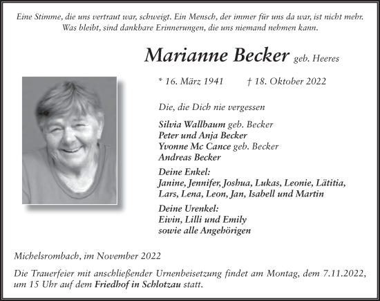 Traueranzeige von Marianne Becker von FZ