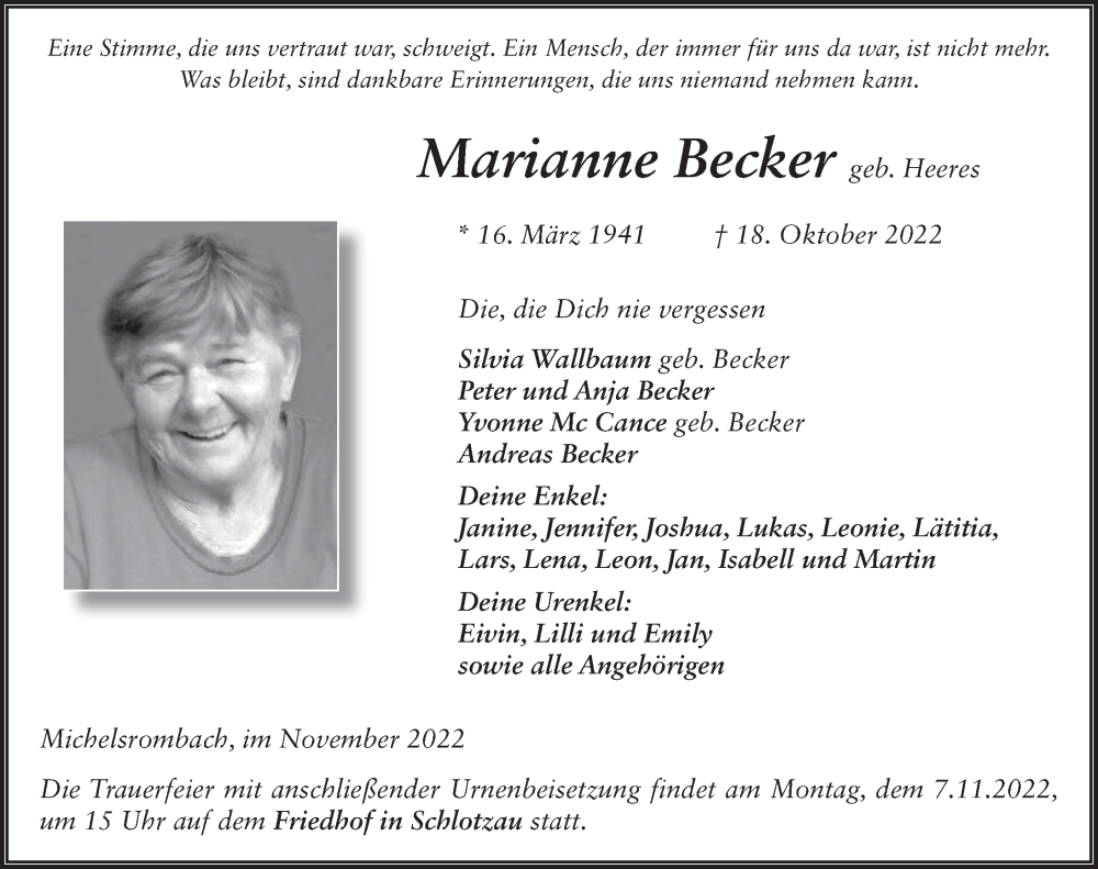  Traueranzeige für Marianne Becker vom 03.11.2022 aus FZ
