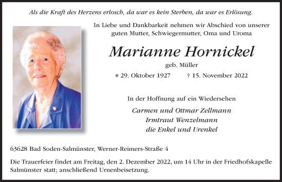 Traueranzeige von Marianne Hornickel von FZ