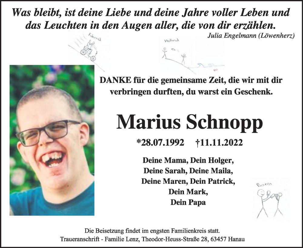  Traueranzeige für Marius Schnopp vom 26.11.2022 aus FZ