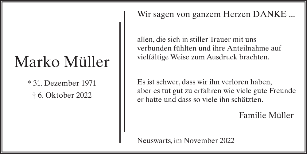  Traueranzeige für Marko Müller vom 05.11.2022 aus FZ