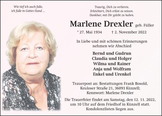 Traueranzeige von Marlene Drexler von FZ