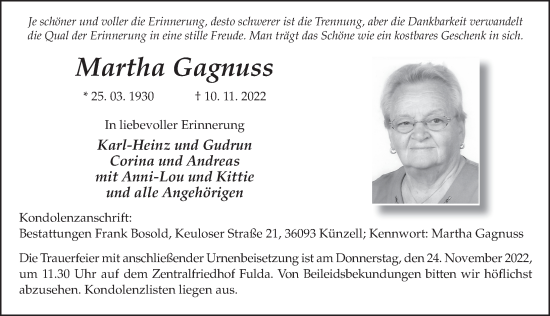 Traueranzeige von Martha Gagnuss von FZ