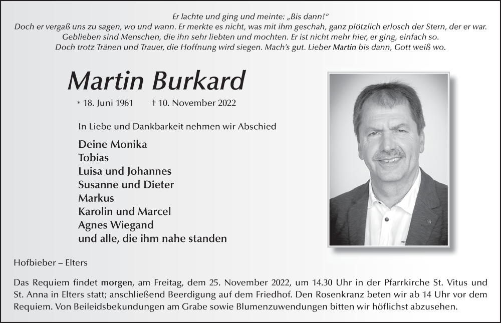  Traueranzeige für Martin Burkard vom 24.11.2022 aus FZ